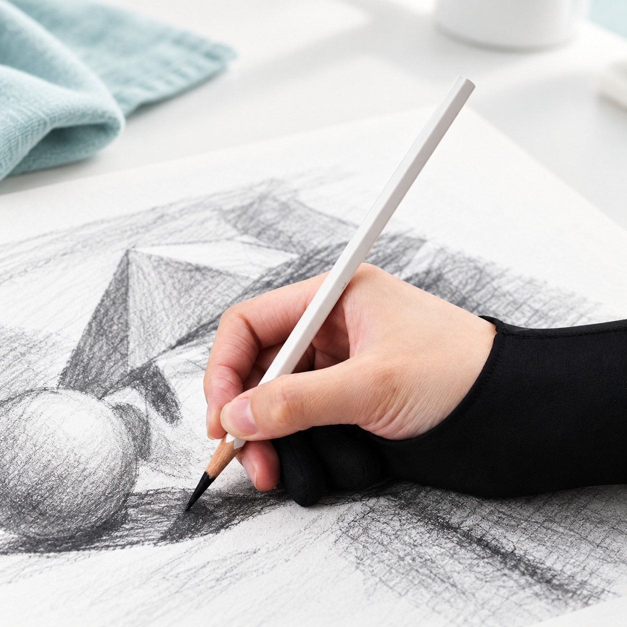 Hand mit schwarzem Künstlerhandschuh beim Zeichnen mit einem Bleistift