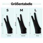 Größentabelle für Künstlerhandschuhe: S 19 × 7,5 cm, M 20,5 × 8,5 cm und L 21,5 × 9 cm