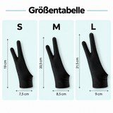 Größentabelle für Künstlerhandschuhe: S 19 × 7,5 cm, M 20,5 × 8,5 cm und L 21,5 × 9 cm