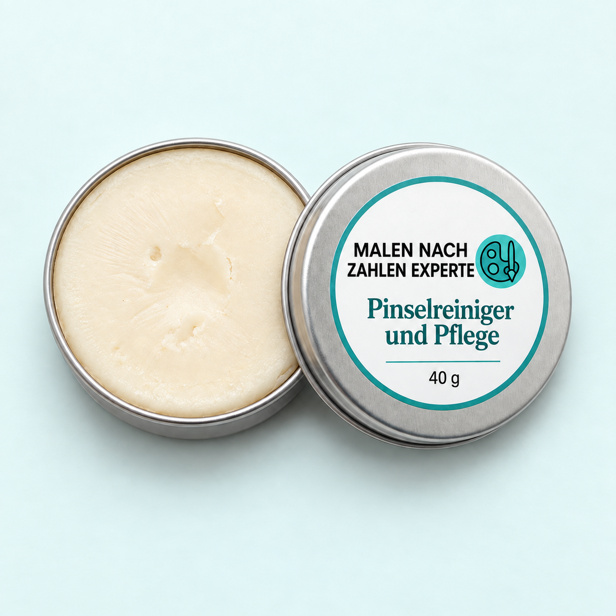 Pinselreiniger und Pflegeseife, 40 Gramm, in einer offenen Metalldose mit Deckel